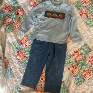 Lil Cactus Blue Shirt with Embroidered Turkeys and Matching Pants